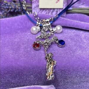 “Lady Liberty” Silver Pendant Necklace with Red, White and Blue gem Accents